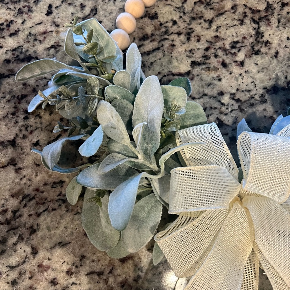 Farmhouse Wood Bead Wreath, adorned with faux Lamb's Ear & Eucalyptus leaves. - Picture 3 of 7